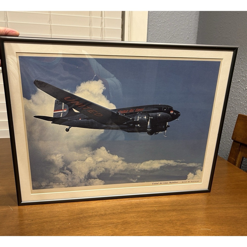 Vintage Douglas DC-3 United Airlines Framed Travel poster Kodachrome ED McGlone